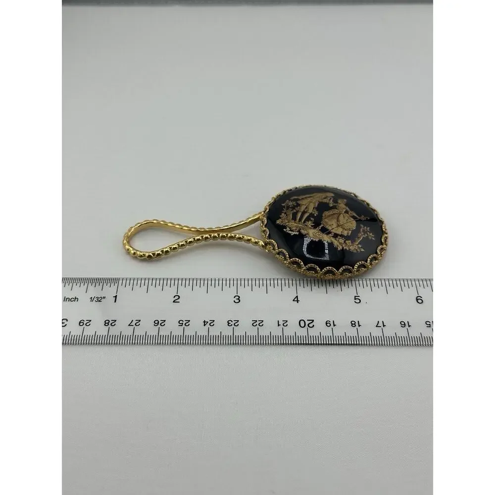 Mini Limoges France Colbalt Blue Hand Mirror Courting Couple Gilded Metal 4.75
